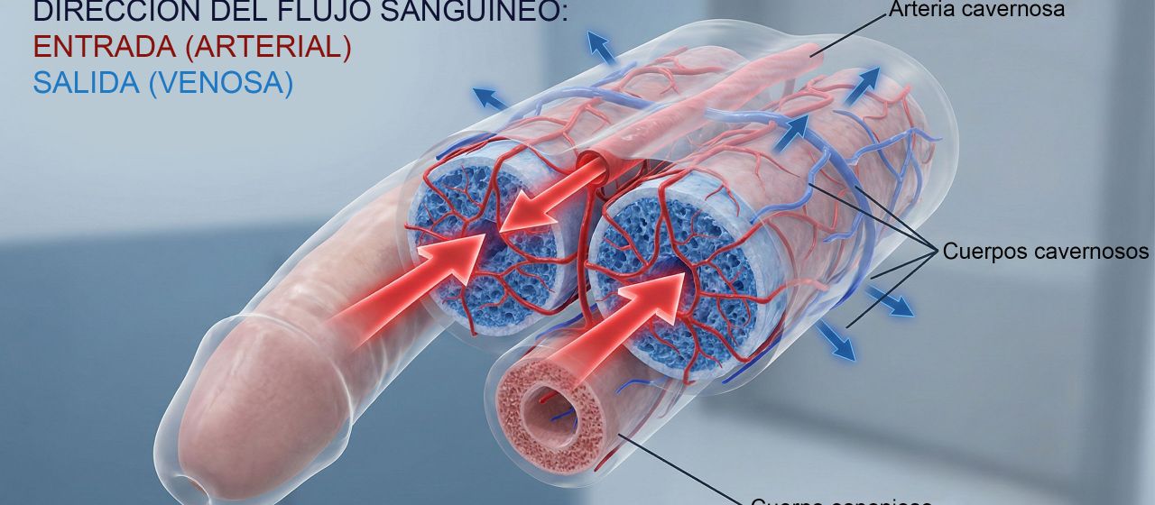 Diagrama que muestra las cámaras hidráulicas internas de la anatomía masculina durante la excitación.