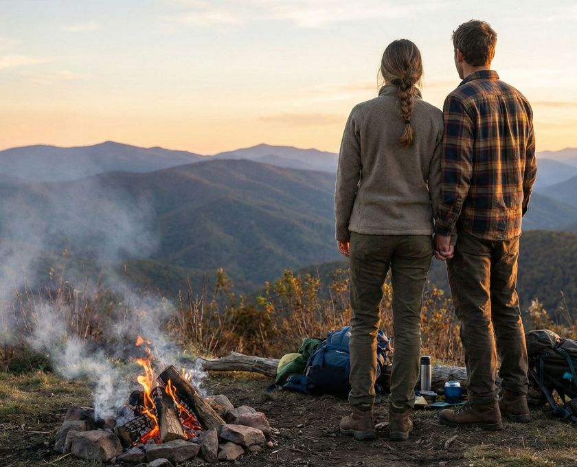 A traditional couple standing together in a rugged outdoor setting.