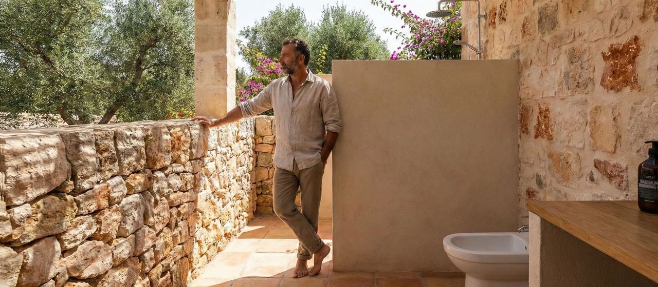 A clean, traditional Mediterranean bathroom setup highlighting a bidet for masculine hygiene.