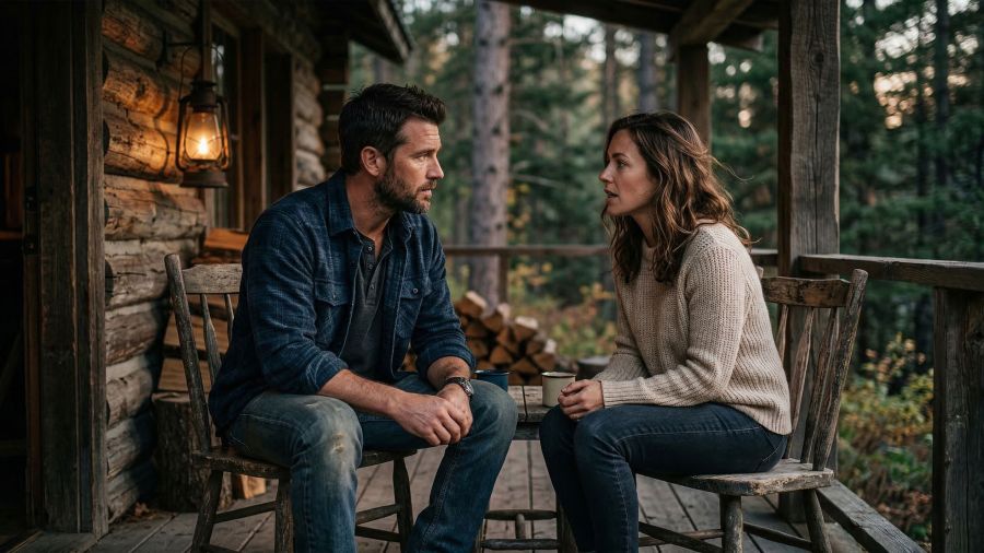 A confident man listening intently to a woman in a rustic outdoor setting.
