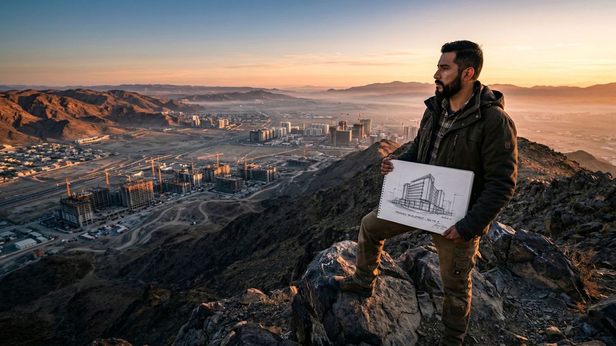 Um homem de pé forte que domina uma paisagem, representando liderança e visão.
