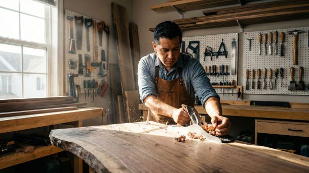 Um homem trabalhando em um projeto artesanal em sua garagem para construir um propósito fora do trabalho.