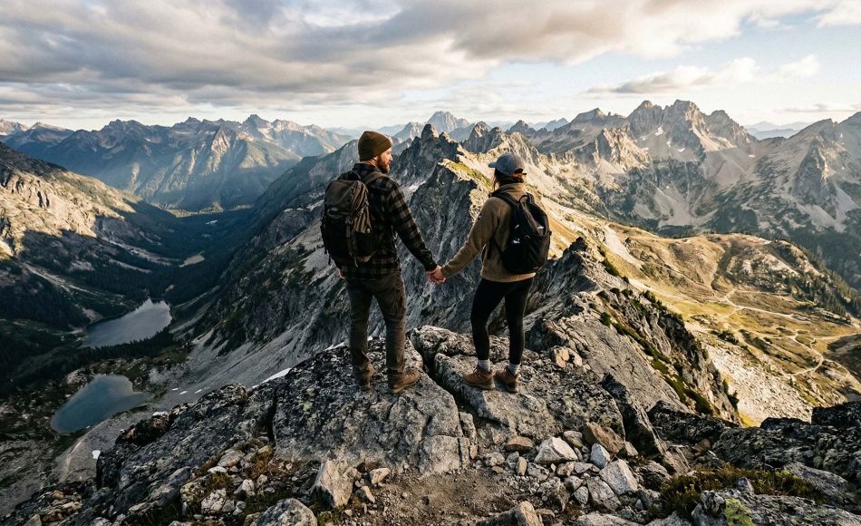 A man and woman standing together on a rocky peak, symbolizing partnership through different perspectives.