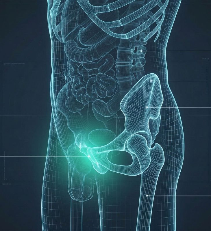 男性骨盤の恥骨上部と骨盤アライメントを示した医療イラスト。