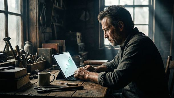 A man critically analyzing data trends on a digital tablet in a study.