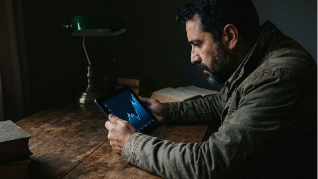 Um homem analisando criticamente as tendências de dados em um tablet digital em um escritório.