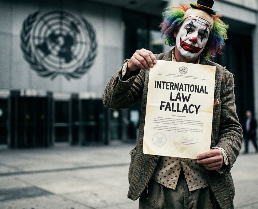 A symbolic representation of military strength versus international bureaucratic symbols.