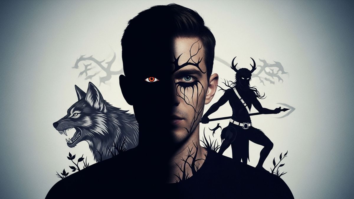 Portrait éditorial : homme à moitié dans l’ombre avec des motifs subtils de loup et de silhouette lupine — symbolique du désir et de la transformation.