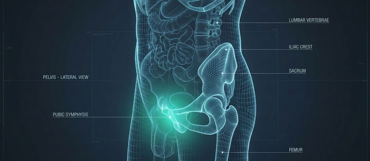 Medical illustration of a male pelvis highlighting the suprapubic area and pelvic alignment.