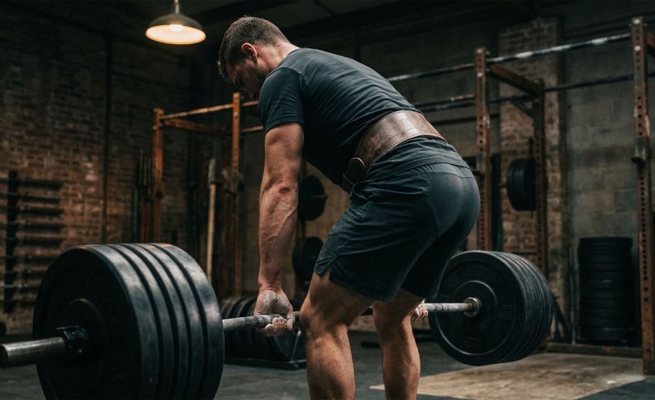 Man performing a heavy barbell deadlift with full-body brace, representing pelvic floor engagement and core stability in male athletes