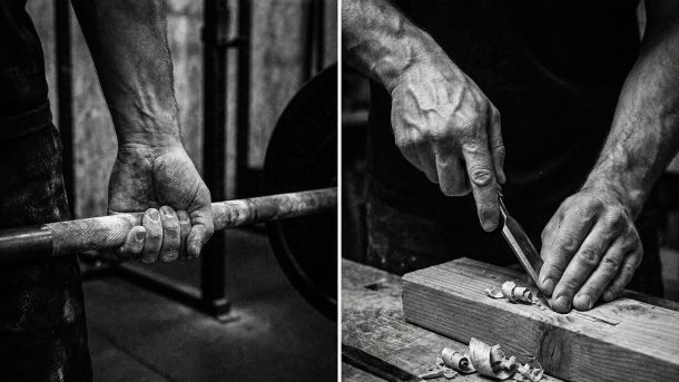 Um homem concentrado na competência física e no trabalho manual como forma de aceitação corporal.