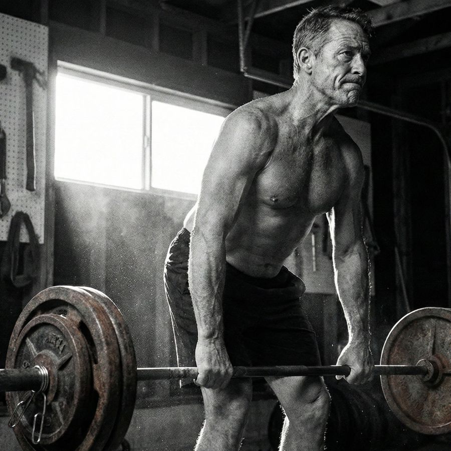 Mature man performing a heavy deadlift to maintain muscle mass and bone density.