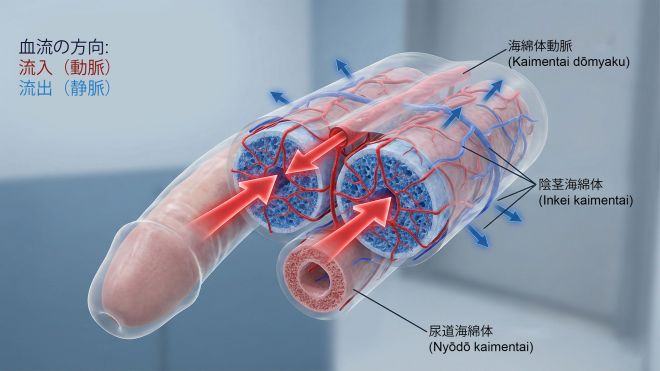 覚醒中の男性解剖学の内部油圧室を示す図。