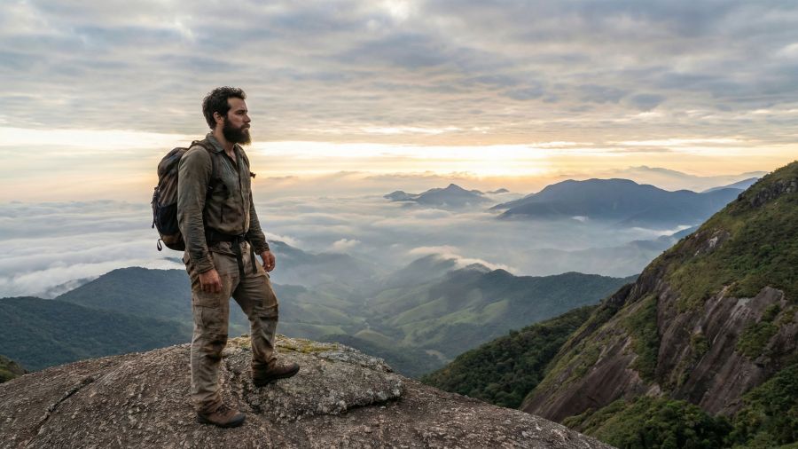 Um homem observa uma paisagem montanhosa e selvagem durante uma expedição solo.