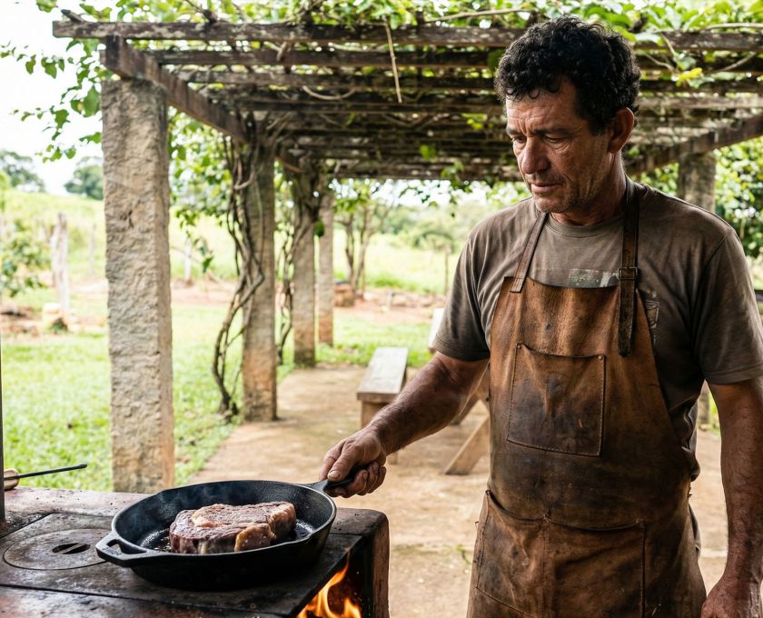 Um homem preparando alimento rico em proteínas para desempenho em um ambiente rústico.