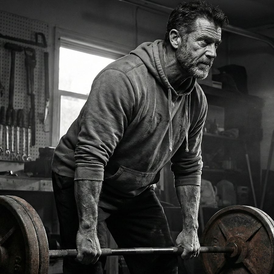 Homem maduro realizando um levantamento terra pesado para manter a massa muscular e a densidade óssea.