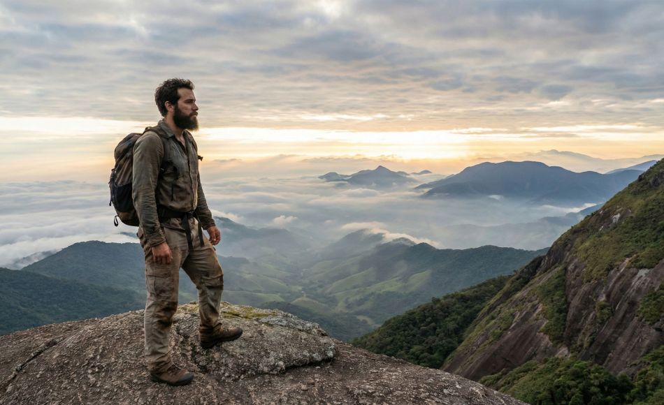 Um homem observa uma paisagem montanhosa e selvagem durante uma expedição solo.