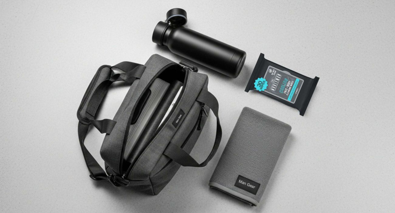 Toallitas Nobleman para Hombre con eucalipto presentadas junto a accesorios de gimnasio