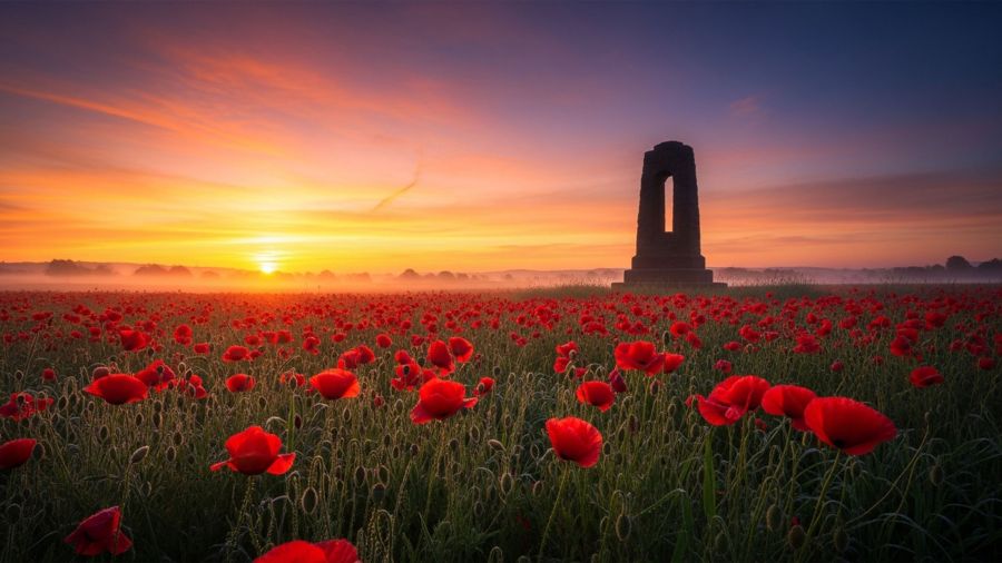 Lever de soleil sur un champ de coquelicots avec la silhouette d’un mémorial