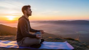 Man sitting quietly at sunrise focusing on breath to improve sexual control