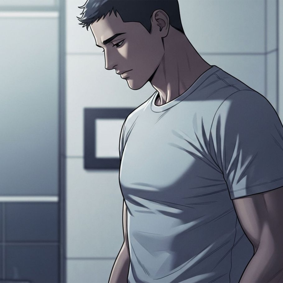 Hombre en un baño revisando discretamente su salud genital con una expresión pensativa y neutral