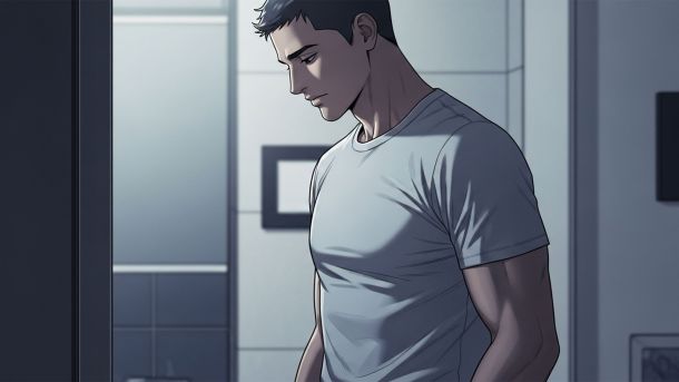 Man in a bathroom quietly checking his genital health with a thoughtful, neutral expression