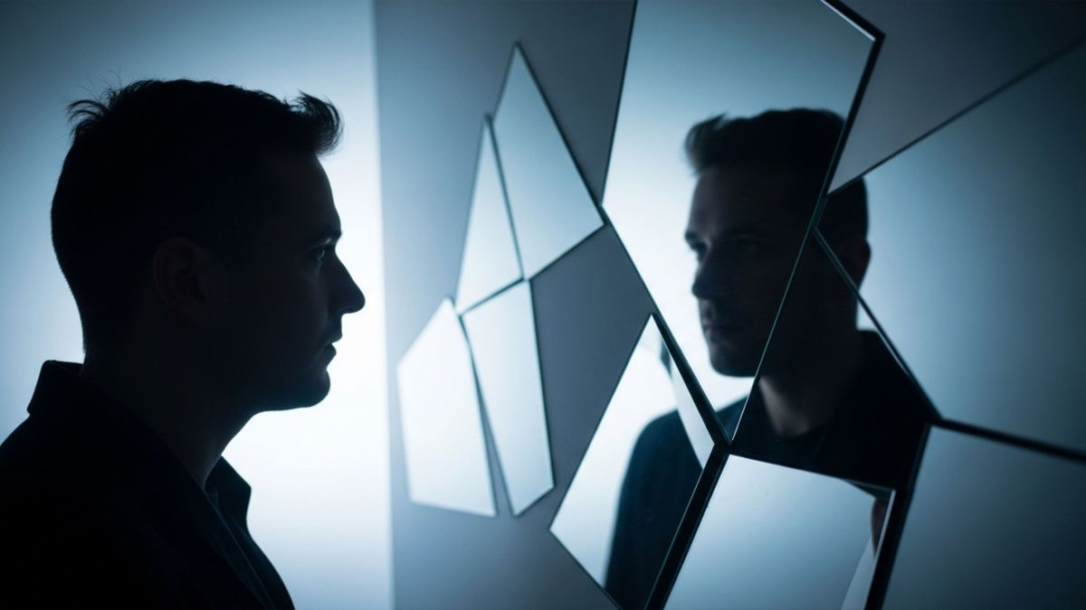 Man viewing reflection in segmented mirrors illustrating perception versus reality