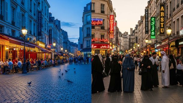 Vue divisée d’une place européenne contrastant la vie nocturne occidentale traditionnelle avec une enclave immigrée ségréguée
