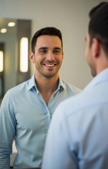Confident man looking at himself in the mirror.