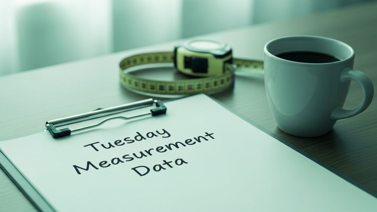 Montaje científico simulado con portapapeles etiquetado como “Datos de medición del martes”, cinta métrica y calendario con el martes rodeado.