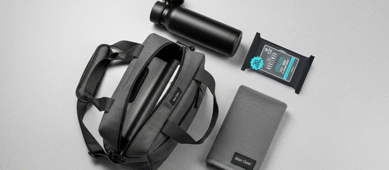 Toallitas Nobleman para Hombre con eucalipto presentadas junto a accesorios de gimnasio